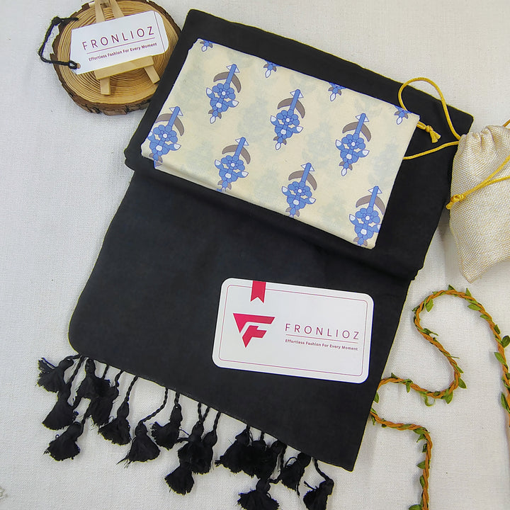 Black Handloom Cotton Saree With Tassels & Printed Blouse-Fronlioz
