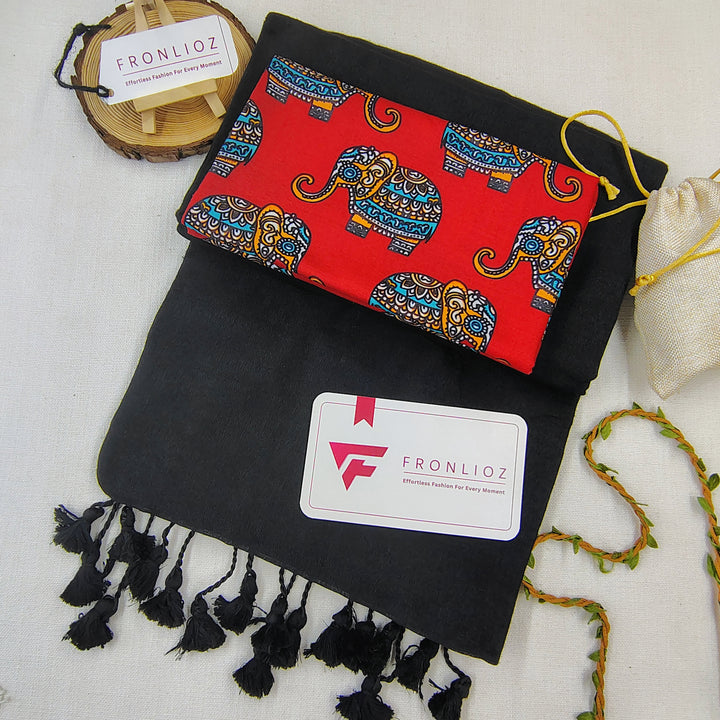 Black Handloom Cotton Saree With Tassels & Printed Blouse-Fronlioz
