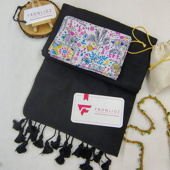Black Handloom Cotton Saree With Tassels & Printed Blouse-Fronlioz