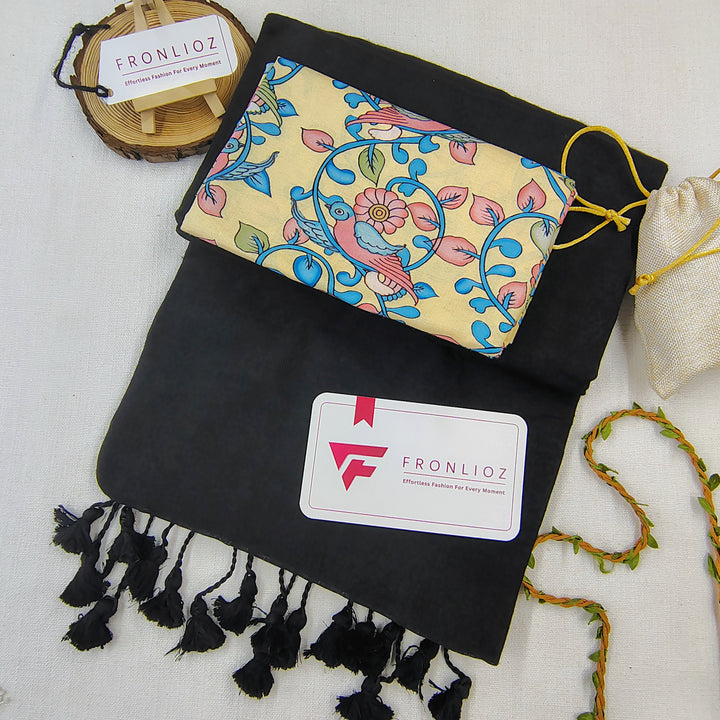 Black Handloom Cotton Saree With Tassels & Printed Blouse-Fronlioz