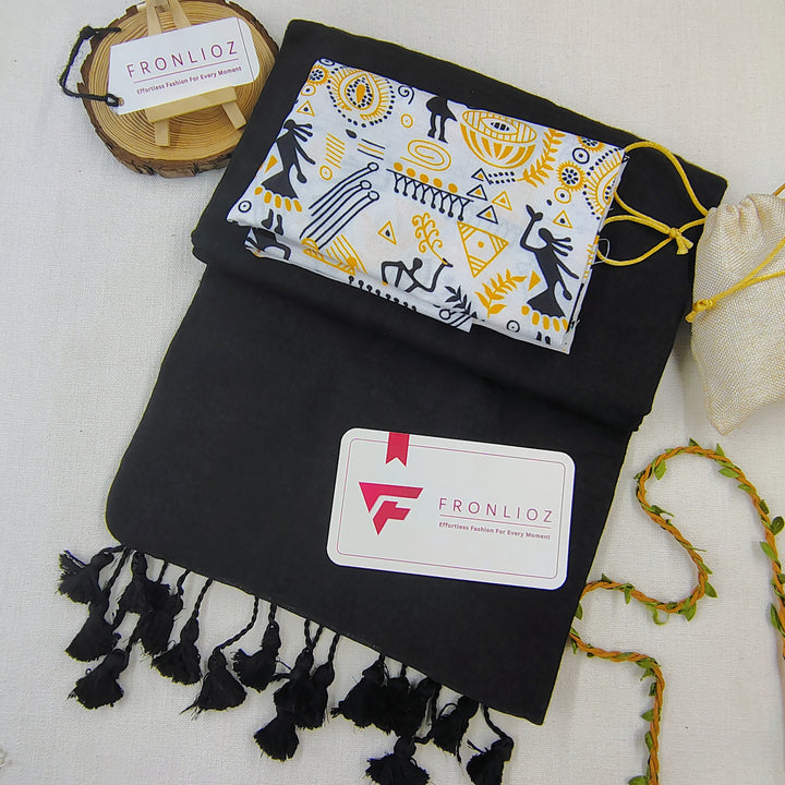 Black Handloom Cotton Saree With Tassels & Printed Blouse-Fronlioz