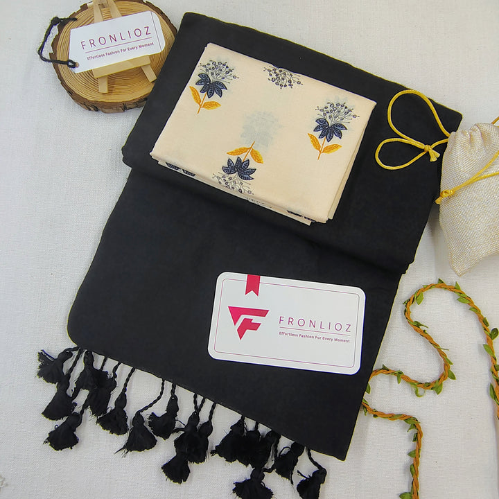 Black Handloom Cotton Saree With Tassels & Printed Blouse-Fronlioz
