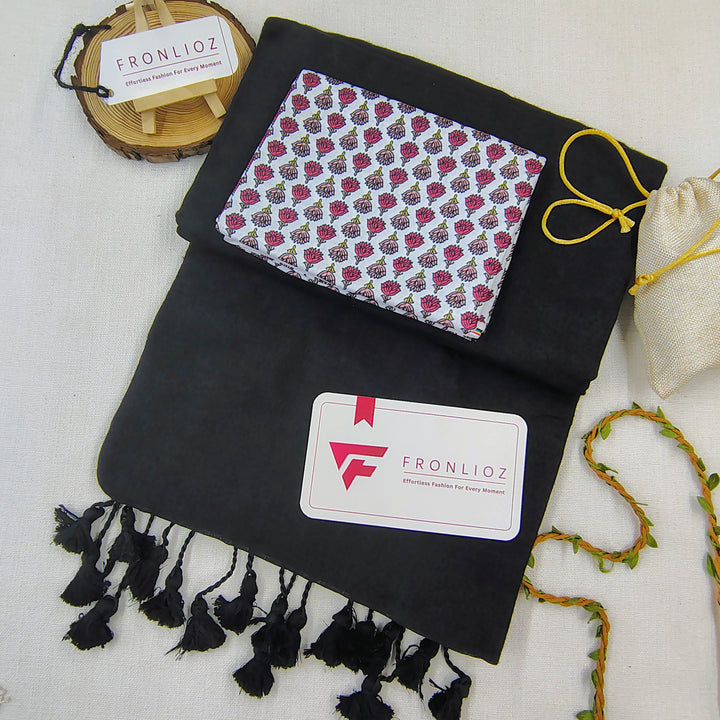 Black Handloom Cotton Saree With Tassels & Printed Blouse-Fronlioz