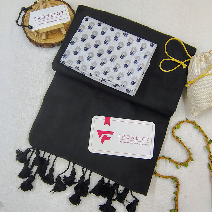 Black Handloom Cotton Saree With Tassels & Printed Blouse-Fronlioz