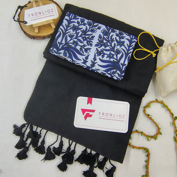 Black Handloom Cotton Saree With Tassels & Printed Blouse-Fronlioz