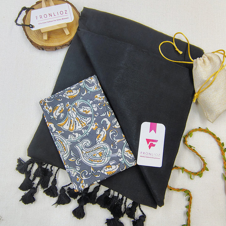Black Handloom Cotton Saree With Tassels & Printed Blouse-Fronlioz