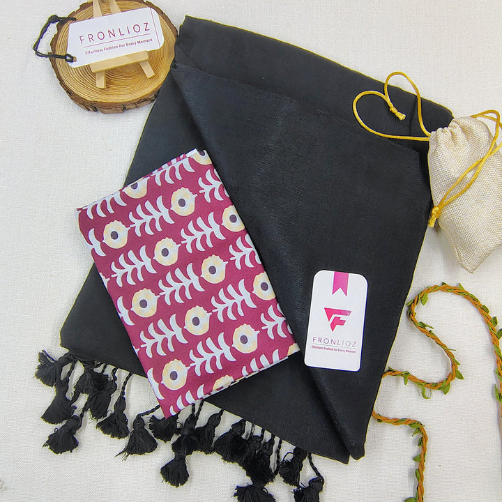 Black Handloom Cotton Saree With Tassels & Printed Blouse-Fronlioz
