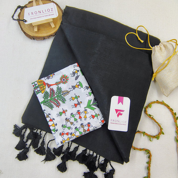 Black Handloom Cotton Saree With Tassels & Printed Blouse-Fronlioz