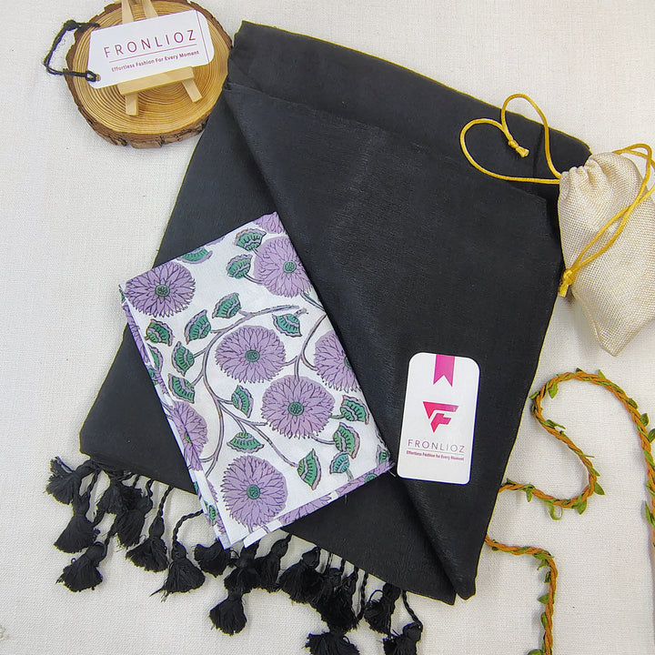 Black Handloom Cotton Saree With Tassels & Printed Blouse-Fronlioz