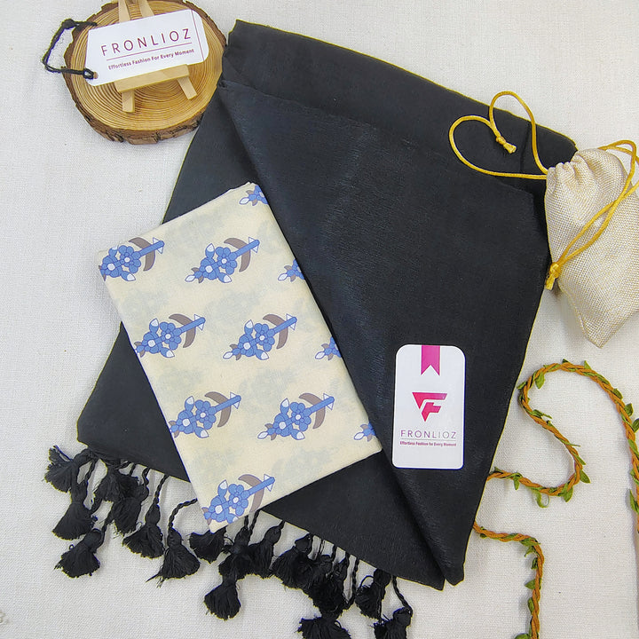 Black Handloom Cotton Saree With Tassels & Printed Blouse-Fronlioz