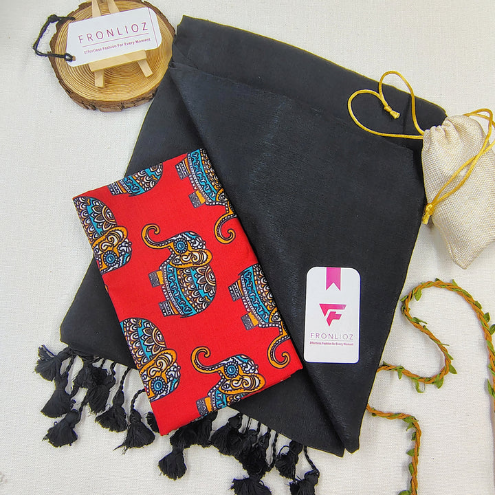 Black Handloom Cotton Saree With Tassels & Printed Blouse-Fronlioz