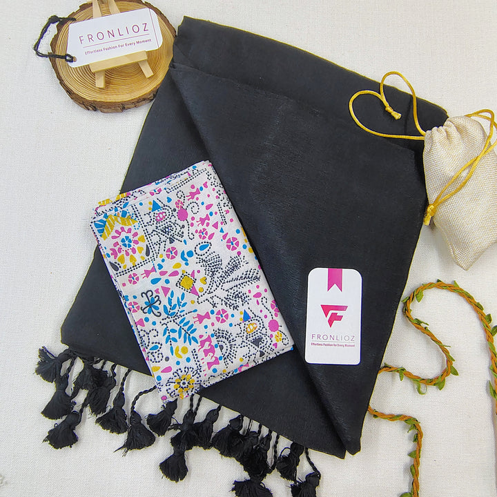 Black Handloom Cotton Saree With Tassels & Printed Blouse-Fronlioz