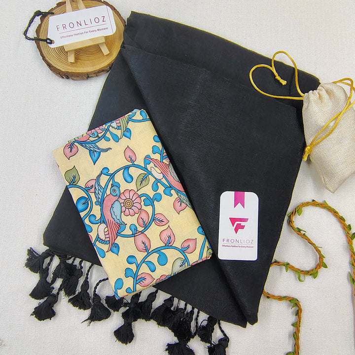 Black Handloom Cotton Saree With Tassels & Printed Blouse-Fronlioz