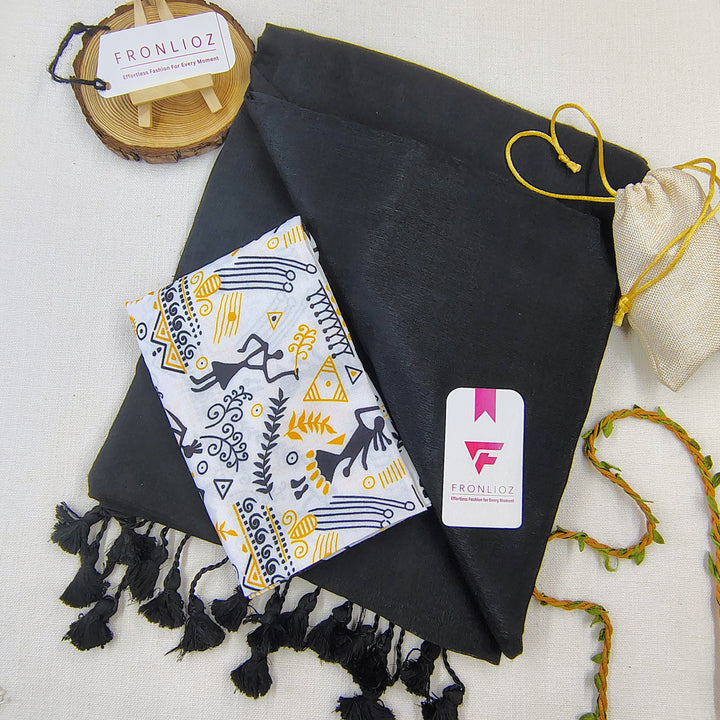 Black Handloom Cotton Saree With Tassels & Printed Blouse-Fronlioz