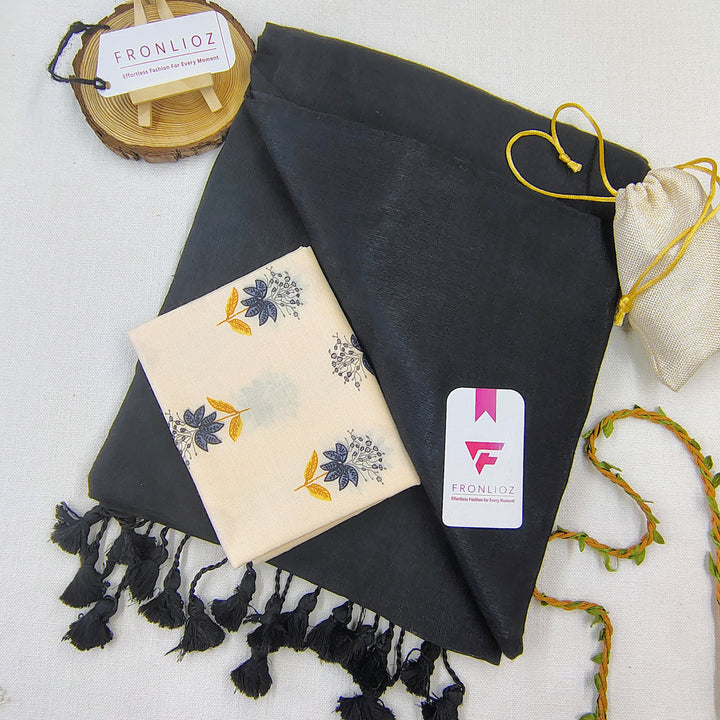 Black Handloom Cotton Saree With Tassels & Printed Blouse-Fronlioz