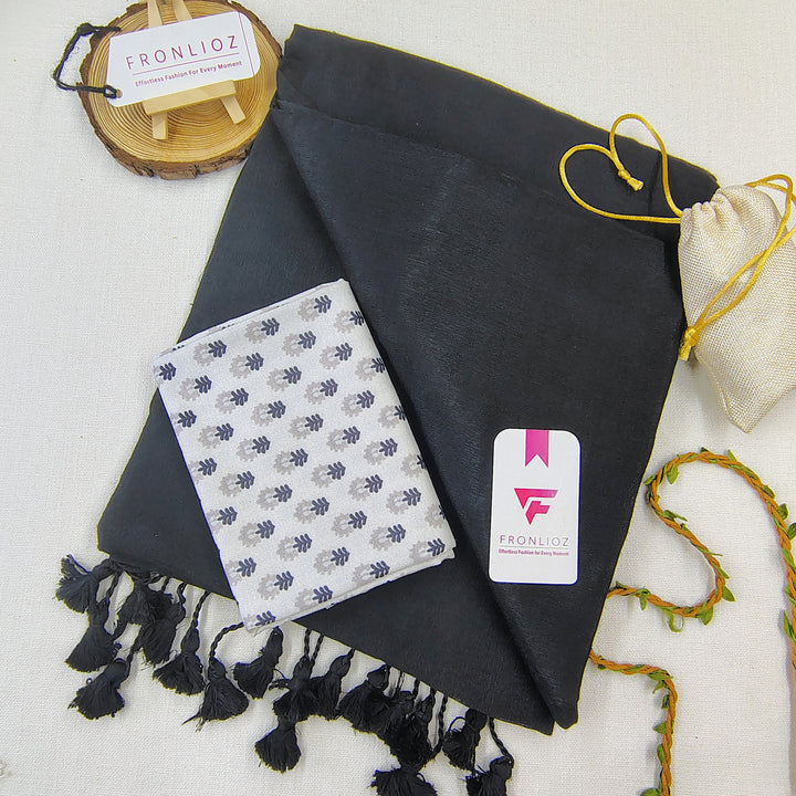 Black Handloom Cotton Saree With Tassels & Printed Blouse-Fronlioz