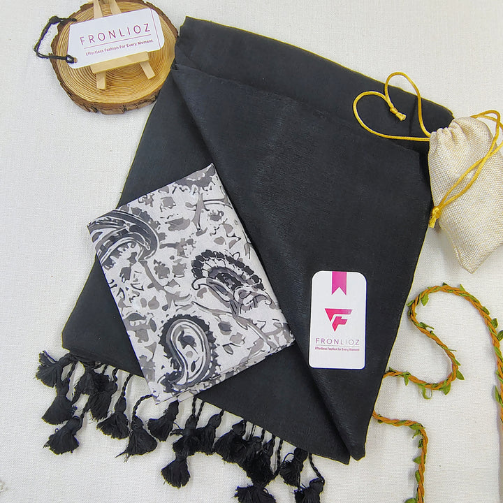 Black Handloom Cotton Saree With Tassels & Printed Blouse-Fronlioz