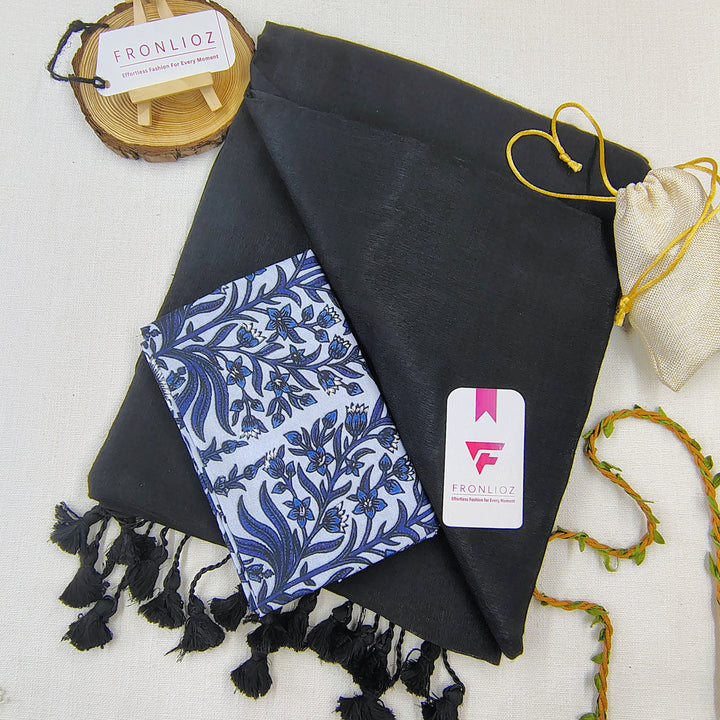 Black Handloom Cotton Saree With Tassels & Printed Blouse-Fronlioz