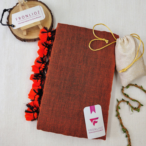 Orange Handloom Cotton Saree With PomPom-Fronlioz