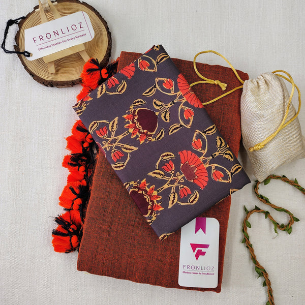 Orange Handloom Cotton Saree With Tassels & Printed Blouse-Fronlioz