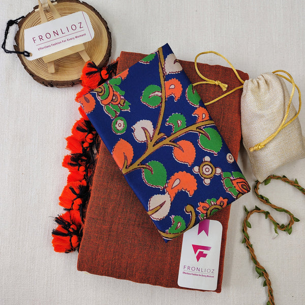Orange Handloom Cotton Saree With Tassels & Printed Blouse-Fronlioz