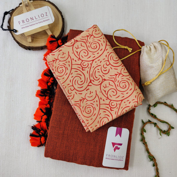 Orange Handloom Cotton Saree With Tassels & Printed Blouse-Fronlioz