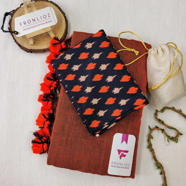 Orange Handloom Cotton Saree With Tassels & Printed Blouse-Fronlioz
