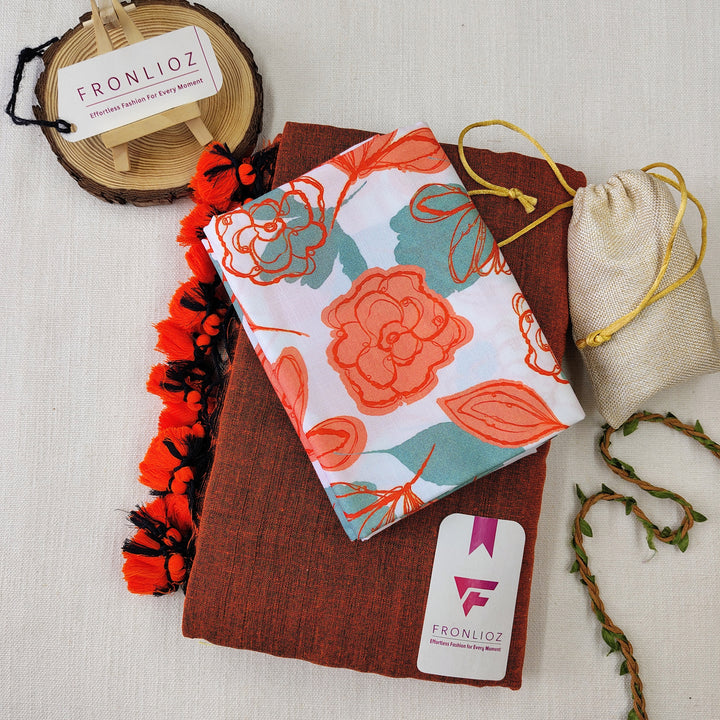 Orange Handloom Cotton Saree With Tassels & Printed Blouse-Fronlioz