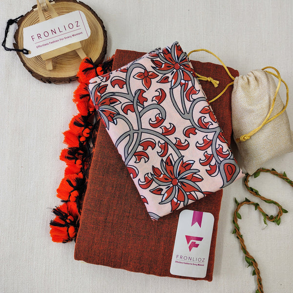Orange Handloom Cotton Saree With Tassels & Printed Blouse-Fronlioz