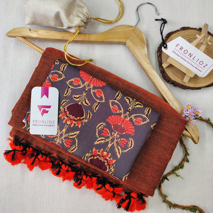Orange Handloom Cotton Saree With Tassels & Printed Blouse-Fronlioz