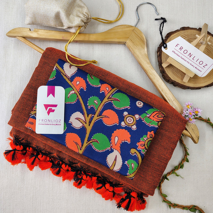 Orange Handloom Cotton Saree With Tassels & Printed Blouse-Fronlioz