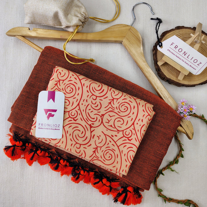 Orange Handloom Cotton Saree With Tassels & Printed Blouse-Fronlioz