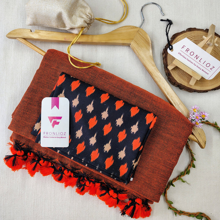 Orange Handloom Cotton Saree With Tassels & Printed Blouse-Fronlioz