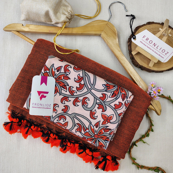 Orange Handloom Cotton Saree With Tassels & Printed Blouse-Fronlioz