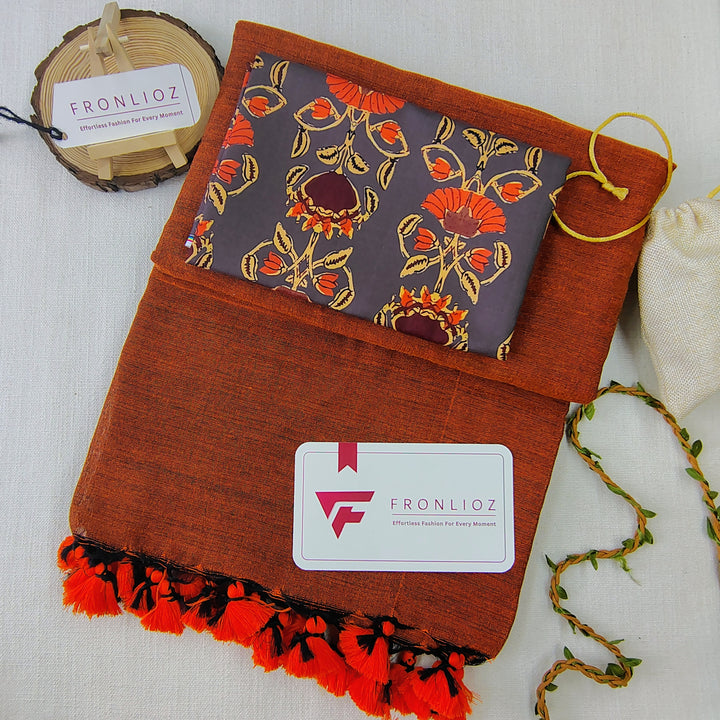 Orange Handloom Cotton Saree With Tassels & Printed Blouse-Fronlioz