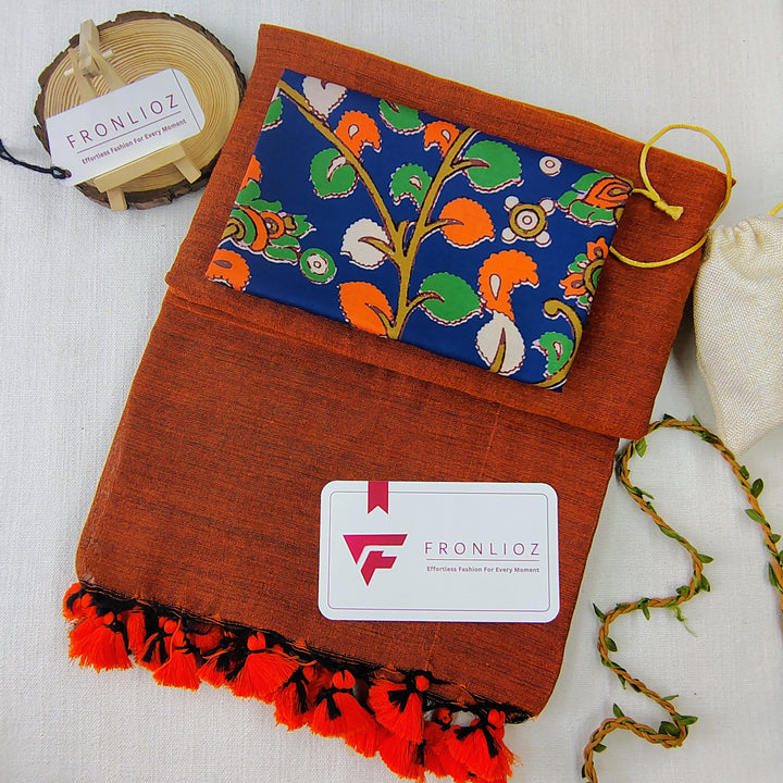 Orange Handloom Cotton Saree With Tassels & Printed Blouse-Fronlioz