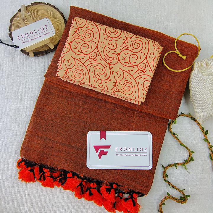 Orange Handloom Cotton Saree With Tassels & Printed Blouse-Fronlioz