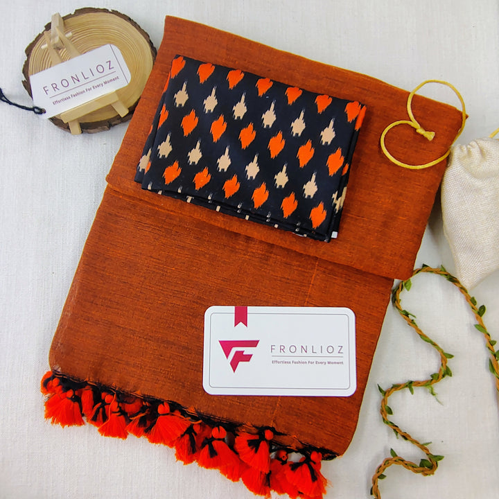 Orange Handloom Cotton Saree With Tassels & Printed Blouse-Fronlioz
