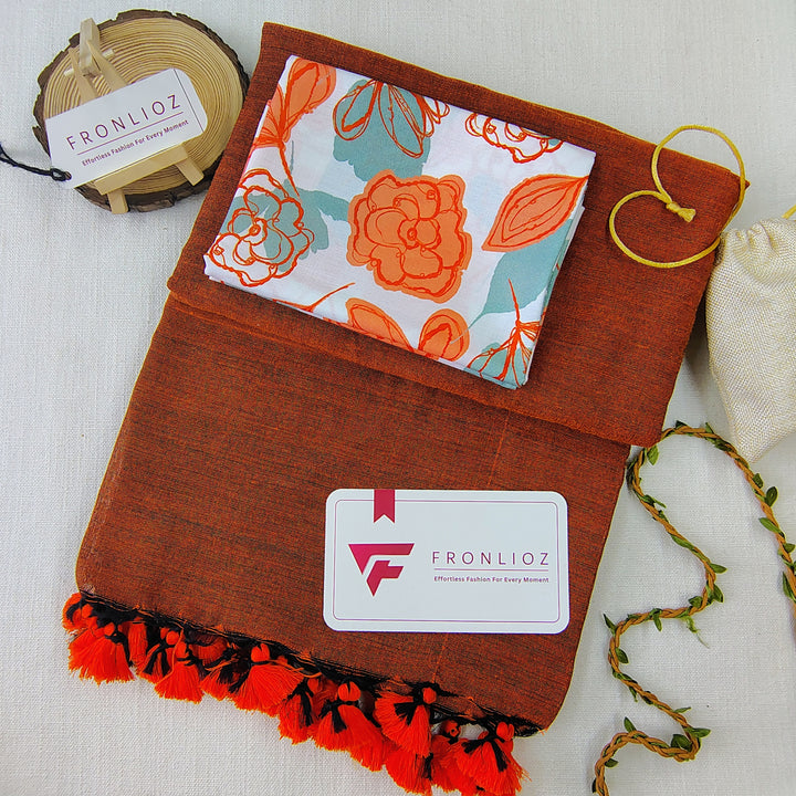 Orange Handloom Cotton Saree With Tassels & Printed Blouse-Fronlioz