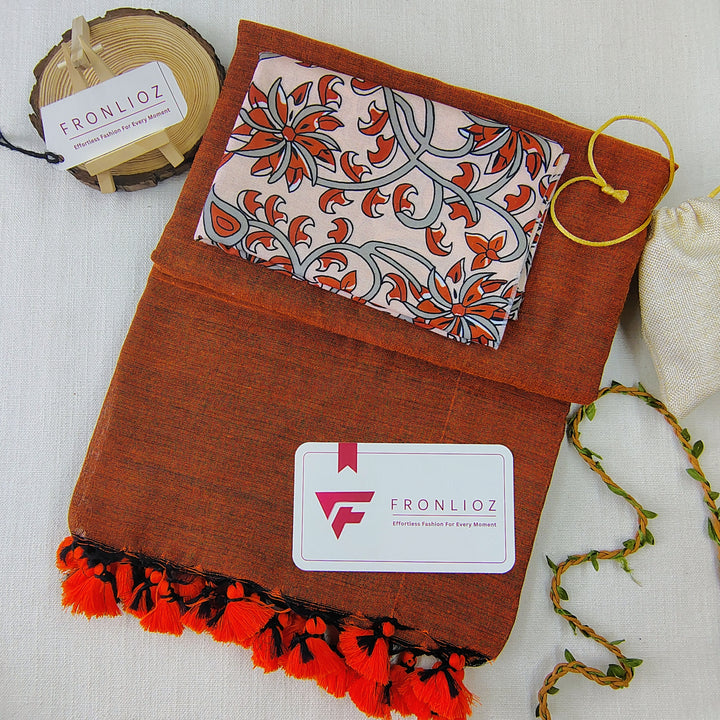 Orange Handloom Cotton Saree With Tassels & Printed Blouse-Fronlioz