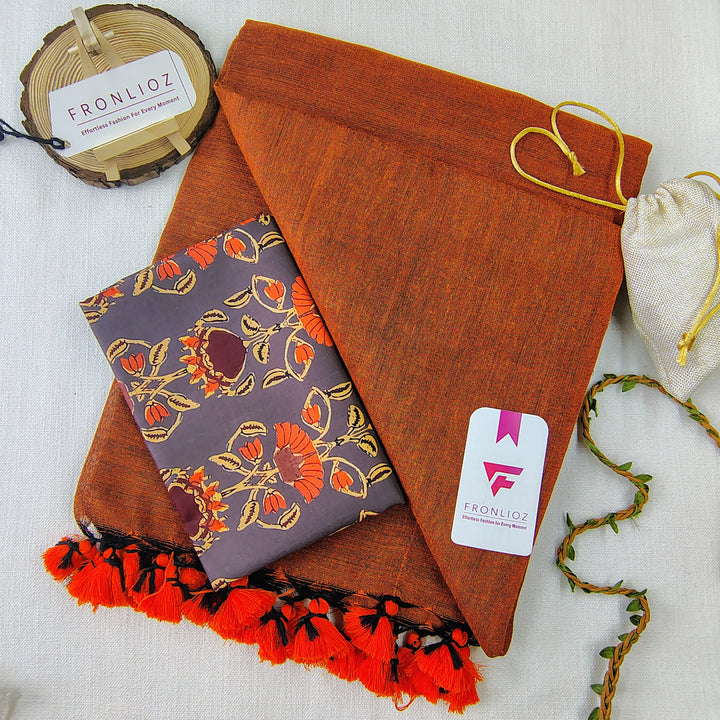 Orange Handloom Cotton Saree With Tassels & Printed Blouse-Fronlioz