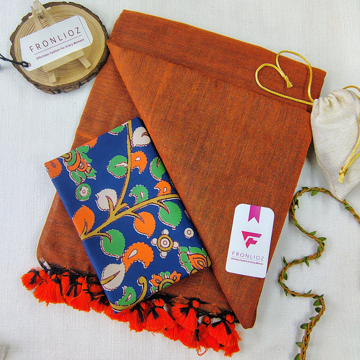 Orange Handloom Cotton Saree With Tassels & Printed Blouse-Fronlioz