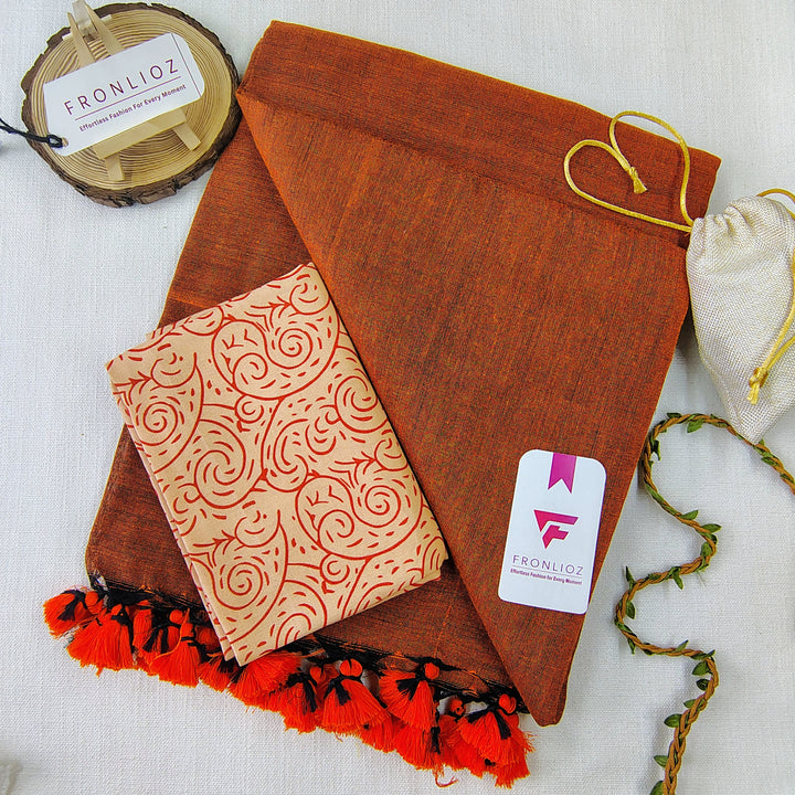 Orange Handloom Cotton Saree With Tassels & Printed Blouse-Fronlioz