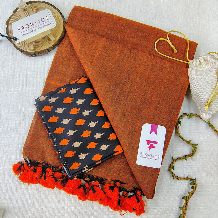 Orange Handloom Cotton Saree With Tassels & Printed Blouse-Fronlioz