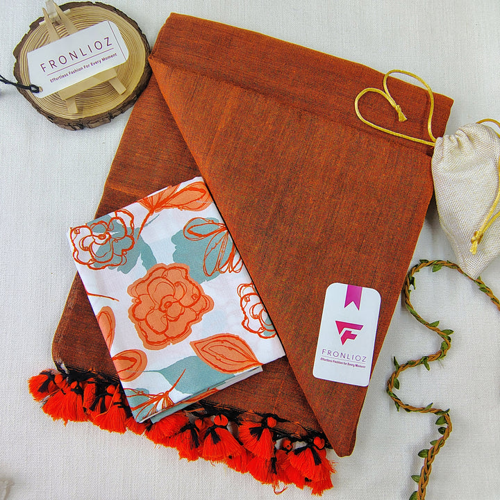 Orange Handloom Cotton Saree With Tassels & Printed Blouse-Fronlioz