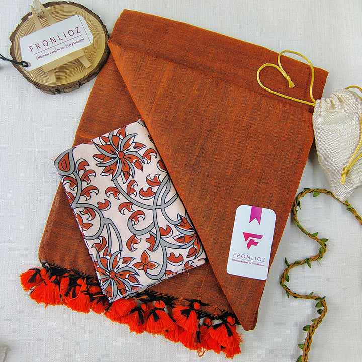 Orange Handloom Cotton Saree With Tassels & Printed Blouse-Fronlioz