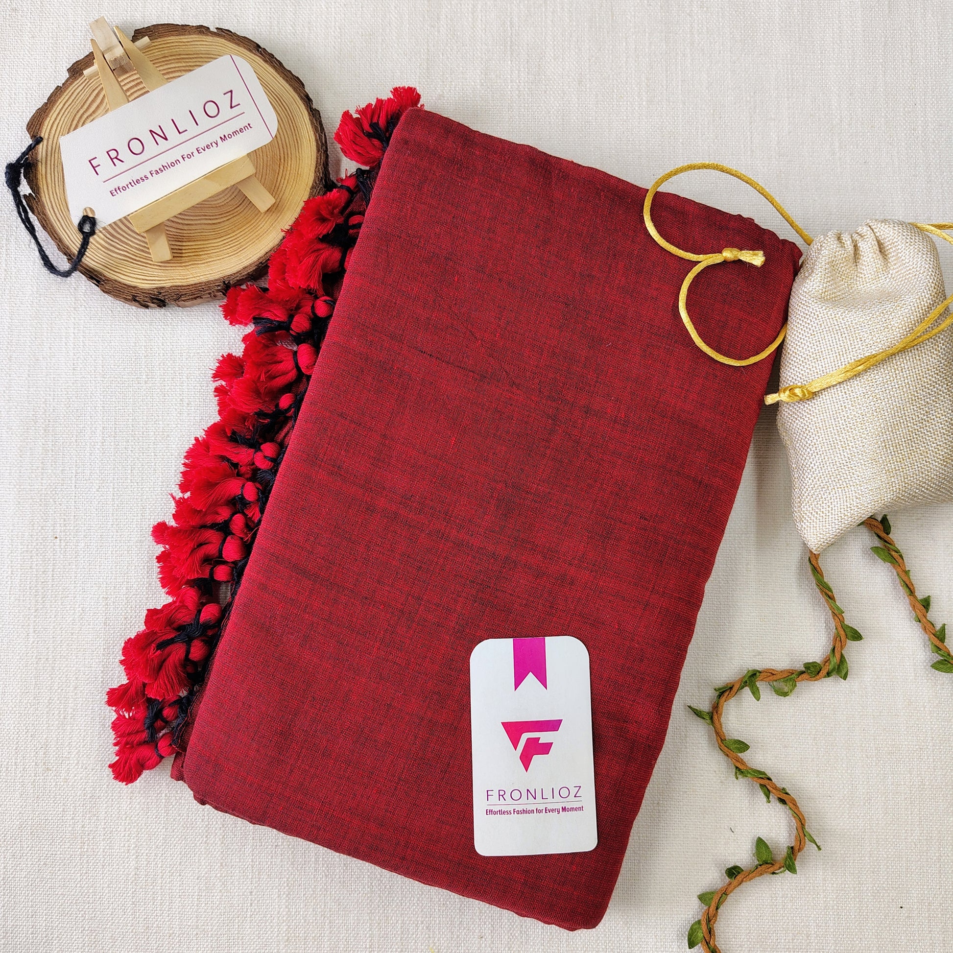 Maroon Handloom Cotton Saree With PomPom-Fronlioz
