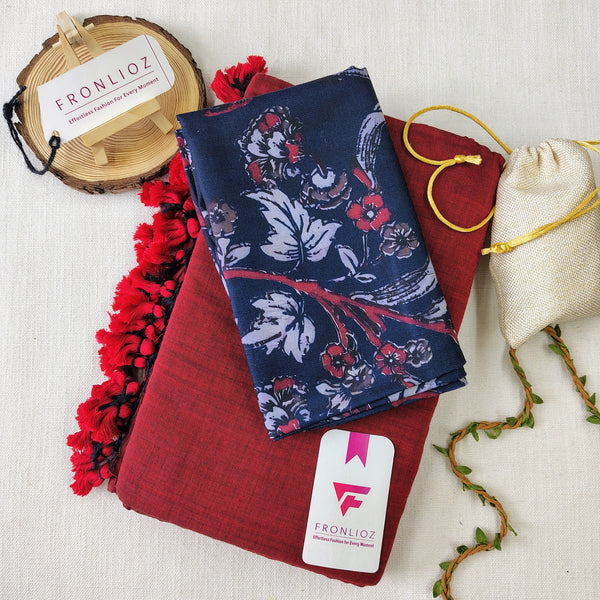 Maroon Handloom Cotton Saree With Tassels & Printed Blouse-Fronlioz