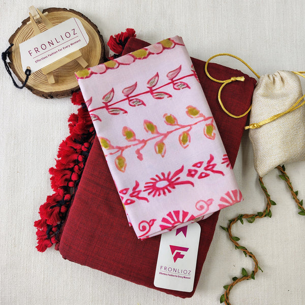 Maroon Handloom Cotton Saree With Tassels & Printed Blouse-Fronlioz
