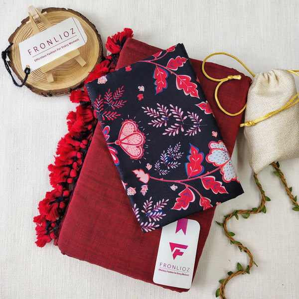 Maroon Handloom Cotton Saree With Tassels & Printed Blouse-Fronlioz